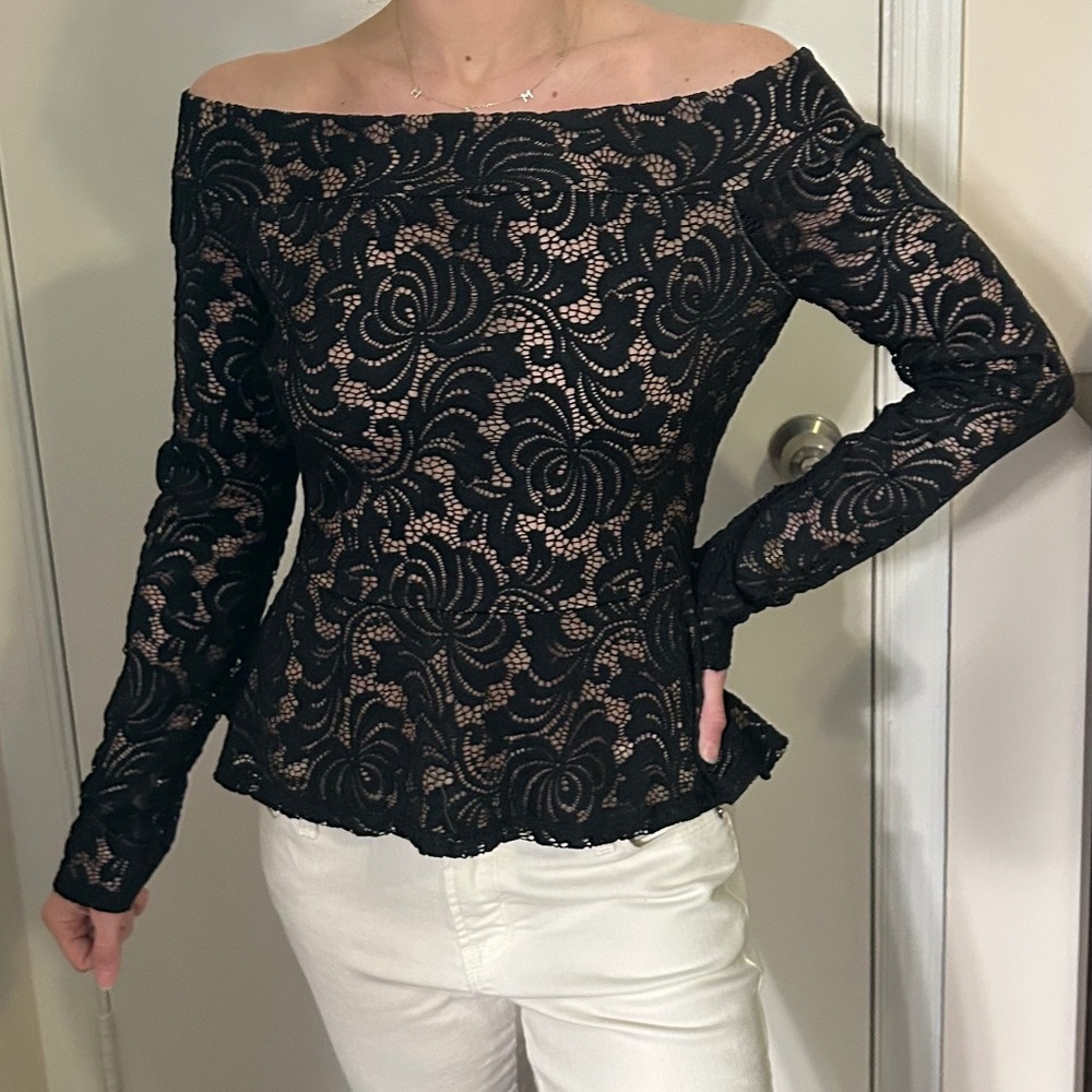 BCBGMaxAzria Black Lacey Boat Neck Peplum Top